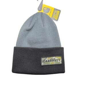 Carhartt Mens Beanie Cuffed Knit Gray/Black Camo Patch One Size Winter Hat NWT